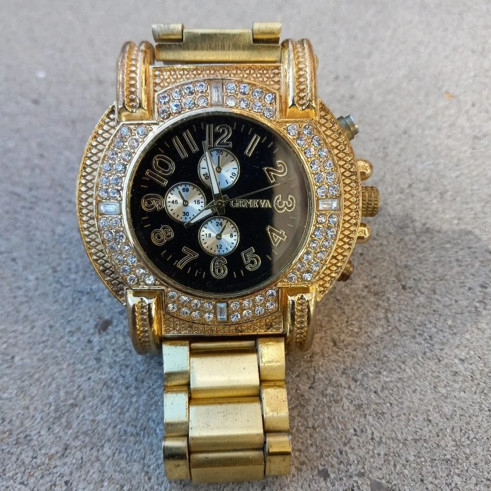Mens GENEVA Oversized Wrist Watch Gold Rapper Bling Bling